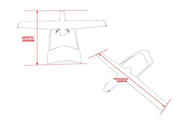 Fixed wing aircraft blueprint showing 3500mm length and 6000mm wingspan carbon fiber UAV design.